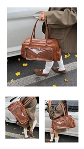 Detail of a brown large capacity tote bag featuring a transparent PVC window for display