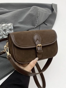 Retro dark brown frosted underarm bag with smooth leather trim and golden metal buckle