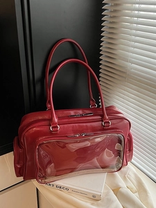 Large red PU leather Boston handbag for women with dual handles and front PVC card pocket
