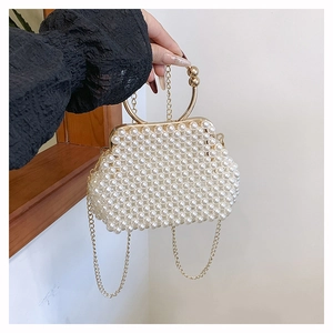 French Vintage Artificial Pearl Beaded Handbag For Women Elegant Handmade Evening Party Banquet Clutch With Metal Chain Strap