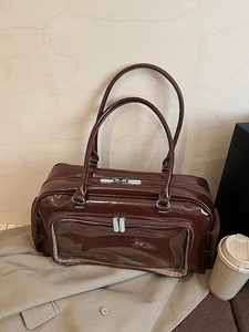 Dark brown patent leather boston handbag with large transparent PVC display window