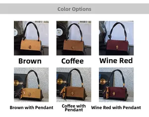 Detail view of suede handbags in retro colors with metallic locks and beaded pendants