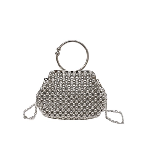 Elegant silver beaded evening clutch bag with round metal handle and chain strap