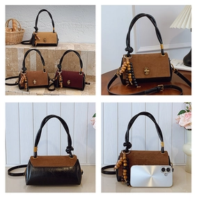Detailed views of suede crossbody bag showing twist handle and beaded tassel charm