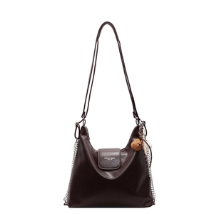 Vintage dark brown oil wax leather hobo tote bag with silver chain and shoulder strap