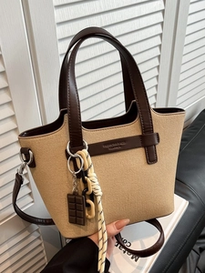 Women Canvas PU Leather Stitching Bucket Bag Handbag Crossbody Tote Bag With Chocolate Charm Daily Simple Design
