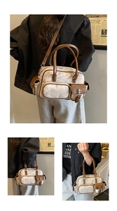 Detailed views of retro canvas bowling bag with brown leather trim and multi-pocket design
