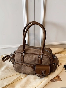 Retro large capacity dark brown bowling tote bag with multiple pockets for women