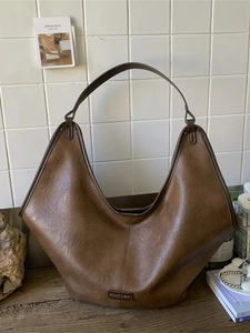 Vintage brown large capacity crescent tote bag with textured matte finish for women