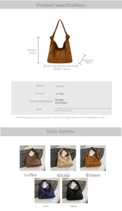 Detail view of suede tote bag dimensions and five color options with star cut-outs
