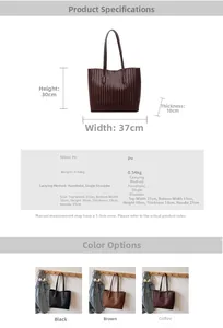 Guide des tailles pour grand sac cabas en cuir PU avec dimensions 37x30x10cm et détails