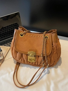 Vintage Women Suede Pleated Shoulder Bag Rivet Decor Metal Lock Underarm Bag Fashion Chain Strap Crossbody Bag Casual Tote