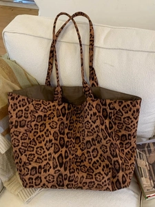 Grand sac cabas vintage pour femme en toile léopard avec doubles poignées de transport