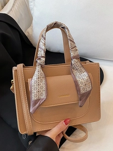 Women Lychee Texture PU Faux Leather Tote Bag With Scarf Decoration Detachable Shoulder Strap Fashion Crossbody Handbag For Daily Commuting