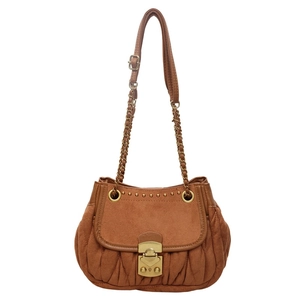 Brown suede shoulder bag with pleated texture and gold chain strap for women