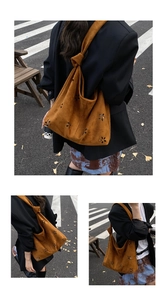 Detail of laser-cut petal patterns on caramel suede tote bag with knotted shoulder strap
