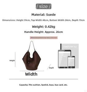 Tableau des tailles détaillé du grand sac en daim marron avec référence A4 et iPad