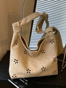 Women Fashion Suede Tote Bag Large Capacity Hollow Floral Pattern Laser Cut Knotted Strap Shoulder Bag Casual Underarm Handbag