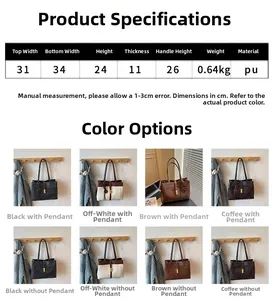 Detailed size chart and multi-color options for large PU leather tote bag in four shades