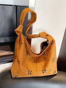 Caramel hollow-out suede shoulder bag with knotted handle and large capacity