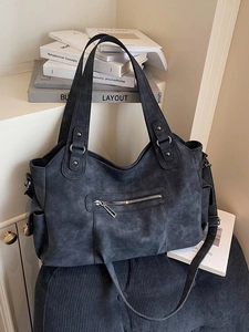 Grand sac cabas gris foncé en cuir délavé vintage avec bandoulière réglable