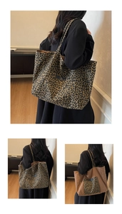 Detail view of large leopard print tote bags with long shoulder straps for women