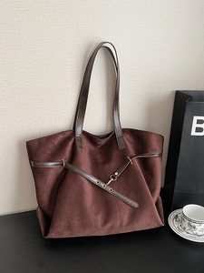 Vintage Faux Suede Large Capacity Tote Bag For Women Commuter Shoulder Bag With Metal Buckle And Stitching Daily Handbag