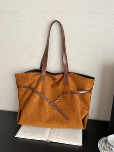 Retro brown large capacity suede tote bag with brown leather straps and silver metal hardware