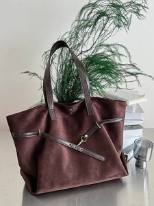Retro brown oversized tote bag in faux suede with leather straps and gold buckle detail