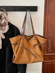 Vintage brown suede large capacity tote bag with leather straps and metal buckle detailing