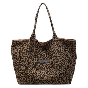 Large leopard print canvas tote bag with front pocket and double shoulder straps