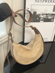 Retro Wildleder Hobo Umhängetasche in Beige mit braunem Lederbesatz für Damen Mode