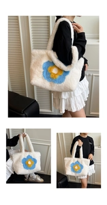 Detailansicht der weißen Plüsch-Tote-Bag mit blau-gelbem Gänseblümchen-Design und viel Platz