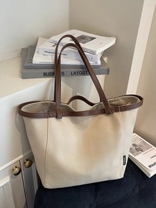 Fashion Canvas Tote Bag For Women Large Capacity Retro Handbag Casual Minimalist Shoulder Bag With Faux Leather Trim