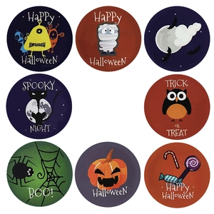 Roll of 500 Happy Halloween round stickers with 8 assorted cartoon character patterns