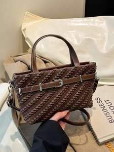 Brown retro Boston bag with pleated texture and silver buckle for commuting