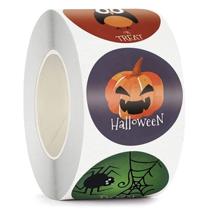 Roll of 500 Halloween stickers featuring pumpkins, owls and spiders for kids party decoration