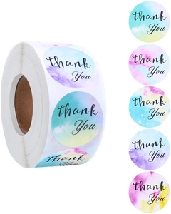 Détail d'autocollants ronds aquarelle avec lettrage Thank You en format rouleau pratique