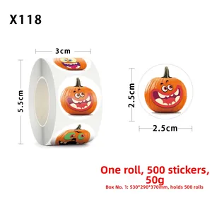 Detailed view of 500 Happy Halloween pumpkin stickers roll with 2.5cm diameter size markers