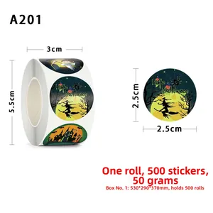 Detail view of 2.5cm Halloween sticker roll showing witch and castle designs