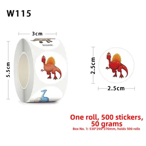 Detail of 2.5cm dinosaur reward stickers roll with 500 labels and cartoon patterns