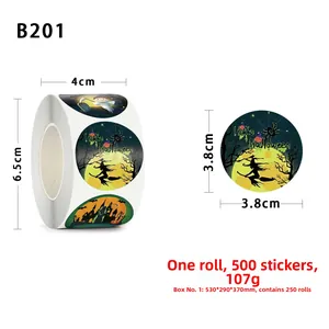 Detailed size specifications for 500 count Halloween sticker rolls with 3.8cm diameter