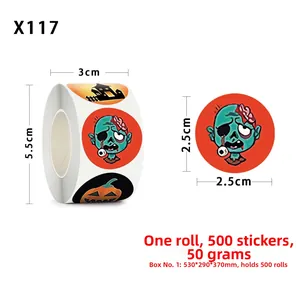 Dettaglio adesivi Halloween 2,5cm con dimensioni del rotolo e motivi di zucche