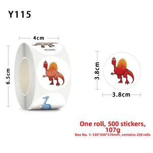 Detail view of 3.8cm dinosaur reward stickers roll with Spinosaurus and Triceratops