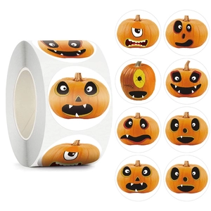 Halloween Jack-O-Lantern Pumpkin Stickers Round Self-Adhesive Roll Labels For Party Favor Gift Decoration Kids Cartoon Monster Reward