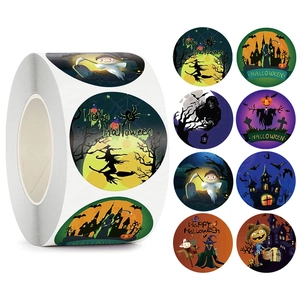 Halloween Decorative Stickers Cartoon Pumpkin Witch Ghost Pattern Round Adhesive Labels For Holiday Party Gift DIY Decor