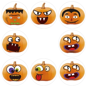 Roll of 500 cartoon Halloween pumpkin face stickers featuring 8 spooky variety designs