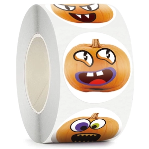 Roll of 500 Halloween pumpkin face stickers featuring cartoon emoji designs for kids