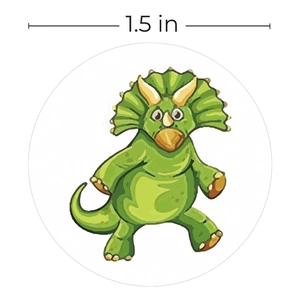 Round 1.5 inch reward sticker roll featuring a cartoon green triceratops for kids