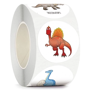 Roll of 500 cartoon dinosaur reward stickers with various species for kids' stationery